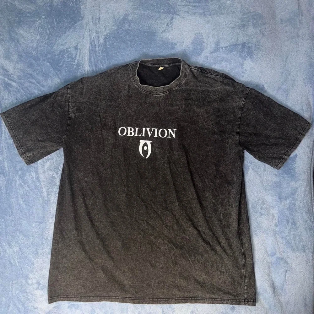 Oblivion black & gray t-shirt with white text and logo